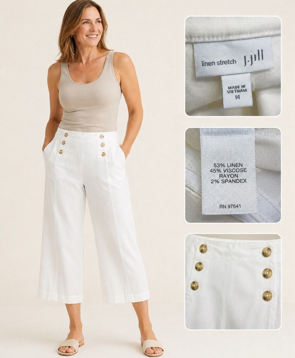 Coastal Beachy J.Jill Wide Leg Cropped Linen Pants Size 14 White Sailor Nautical